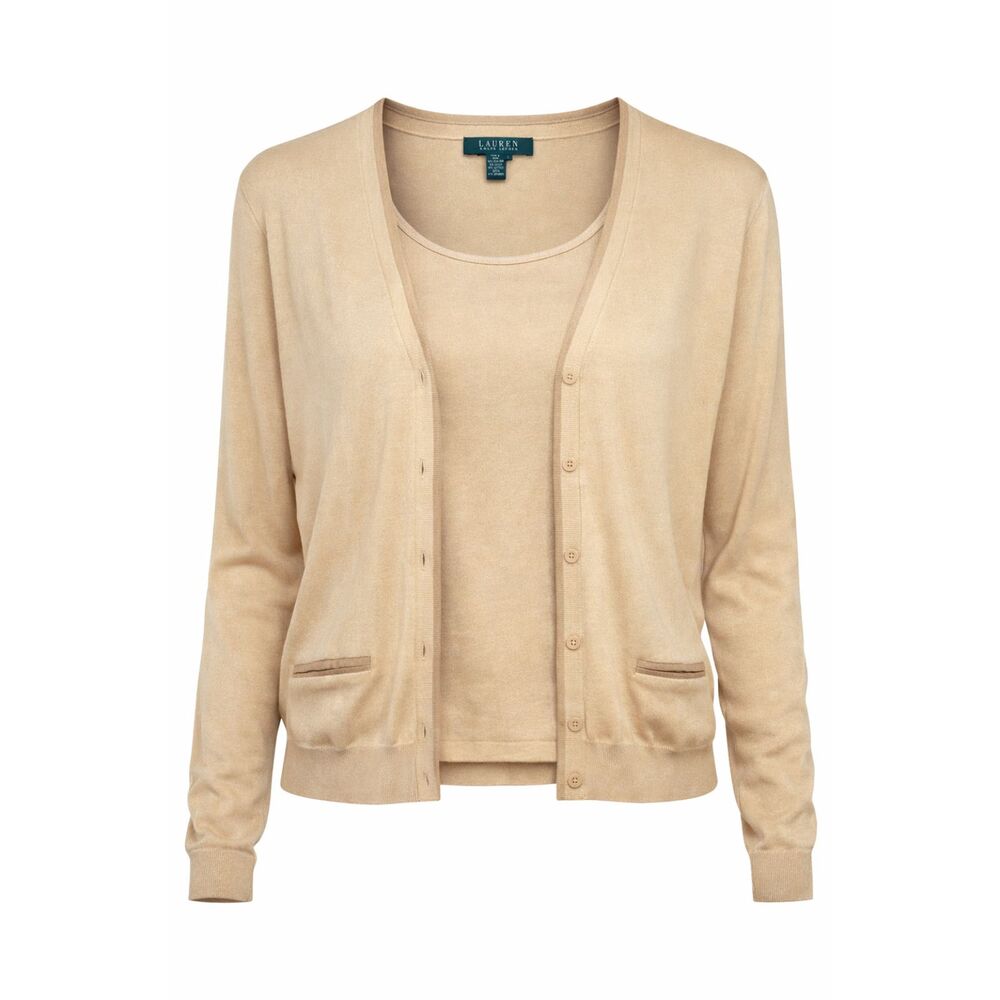 Lauren Ralph Lauren Silk Blend Cardigan & Tank Set Size L Neutral Yellow Sand